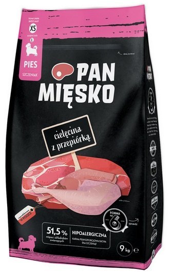 Pan Mięsko Karma sucha dla szczeniąt - cielęcina i przepiórka chrupki XS 9kg